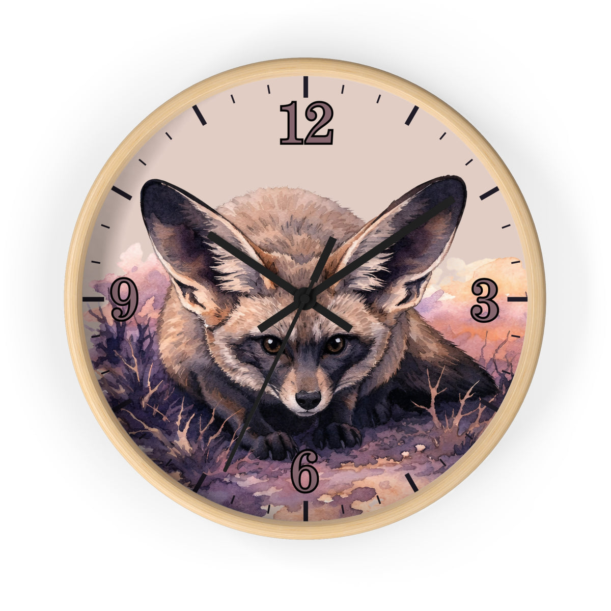 Round wall clock with a light wood frame and a printed illustration of a large-eared fox on the face, with black numerals and hands on a white background.