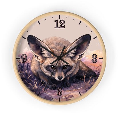 Round wall clock with a light wood frame and a printed illustration of a large-eared fox on the face, with black numerals and hands on a white background.