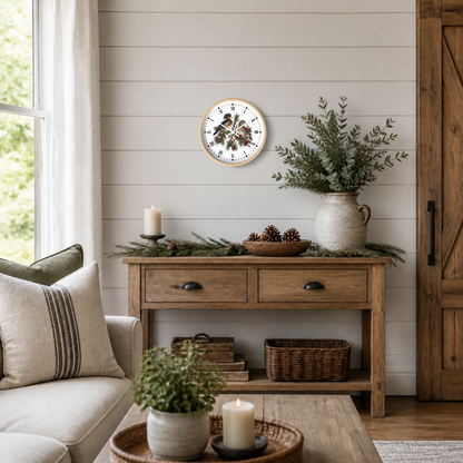 A round wall clock with wood ducks in a festive scenery illustration hangs on a white shiplap wall above a rustic wooden console table decorated with greenery and candles. A beige sofa is visible on the left, and a wooden door stands on the right.
