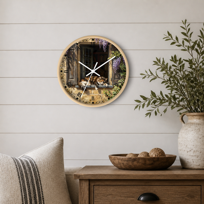 A round wall clock with a light wood frame hangs on a white shiplap wall above a wooden side table. The clock face features a printed scene of a cat lounging on a windowsill with purple wisteria flowers.