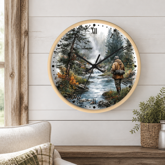 A round wall clock with a light wood frame and a printed scenic design of a person fishing by a river, shown mounted on a white shiplap wall above a wooden table with a plant and part of a sofa visible.
