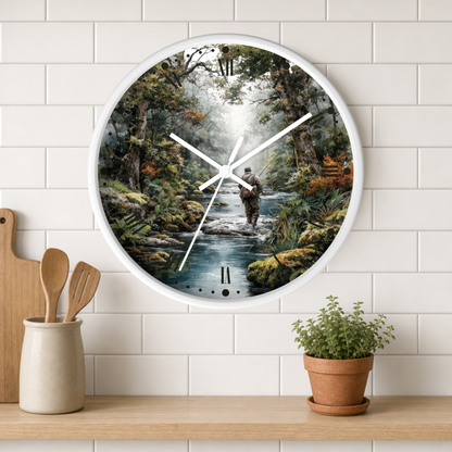 A round wall clock with a white frame hangs on a white subway tile wall above a wooden shelf. The clock face features a detailed scenic print of a person wading through a stream in a forest.