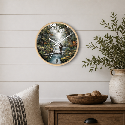 A round wall clock with a light wood frame hangs on a white shiplap wall above a wooden side table. The clock face features a scenic forest illustration with a person fishing in a stream.