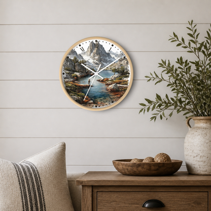 Round wall clock with a natural wood frame and a scenic mountain lake print, mounted on a white shiplap wall above a wooden side table with a plant and decorative bowl.