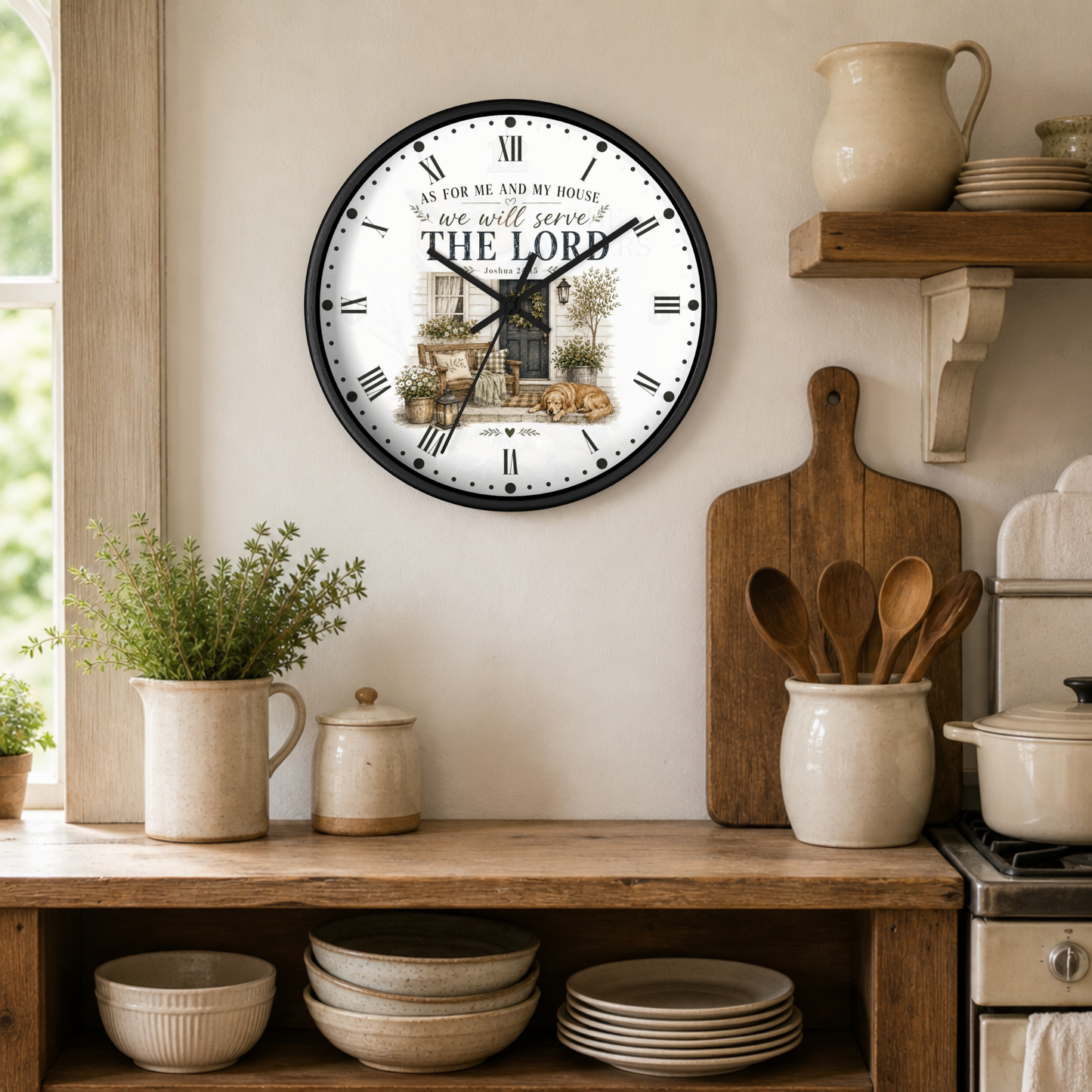 A round wall clock with a black frame and a white face featuring Roman numerals, the text 'I AM FOR ME AND MY HOUSE so we will serve THE LORD', and a rustic kitchen illustration, displayed on a beige wall above a wooden kitchen counter with ceramic dishes and plants.