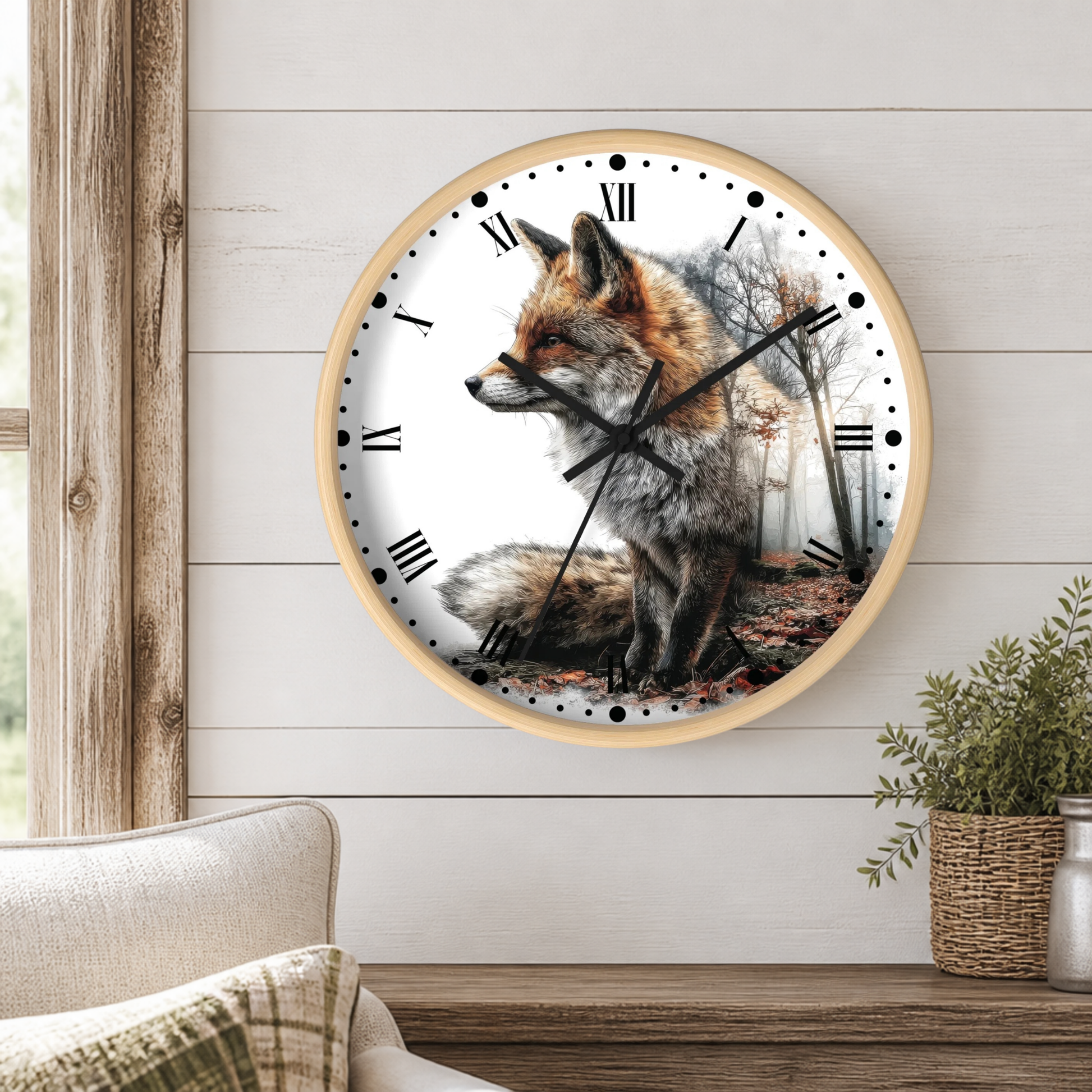 A round wall clock with a light wood frame and a printed fox illustration on the face, mounted on a white shiplap wall above a wooden table with a plant and part of a sofa visible.