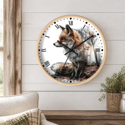 A round wall clock with a light wood frame and a printed fox illustration on the face, mounted on a white shiplap wall above a wooden table with a plant and part of a sofa visible.