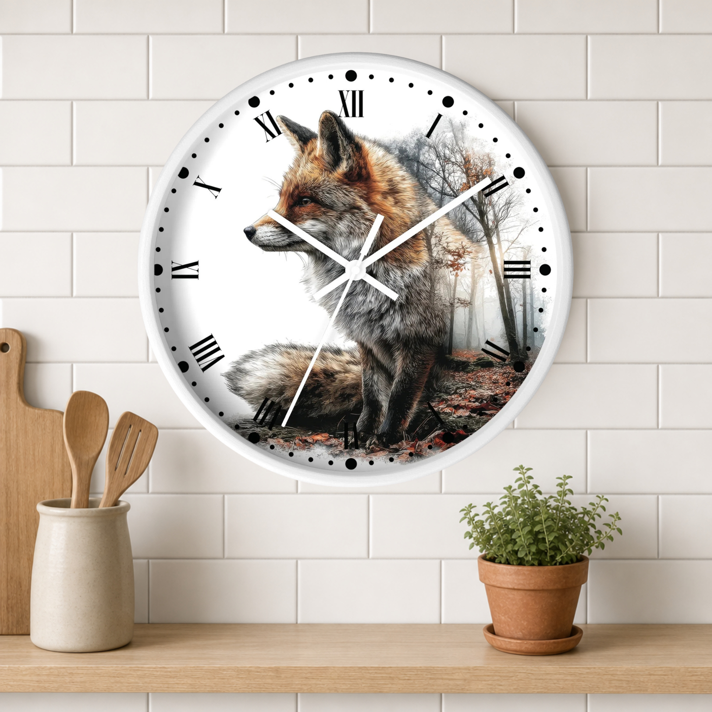 A round wall clock with a white frame and a printed fox illustration on the face, hanging on a white subway-tile wall above a wooden shelf with a small potted plant and wooden utensils.