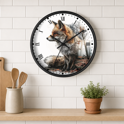 A round wall clock with a black frame and a printed fox illustration on the face, mounted on a white subway-tile wall above a wooden shelf with kitchen utensils and a potted plant.