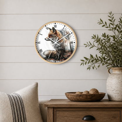 Round wall clock with a natural wood frame featuring a detailed illustration of a fox on the clock face, styled on a white shiplap wall above a wooden side table with a plant and decorative bowl.