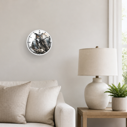 A round wall clock featuring a detailed illustration of an owl in the forest on a branch, mounted on a light beige wall in a modern living room setting next to a lamp and sofa.