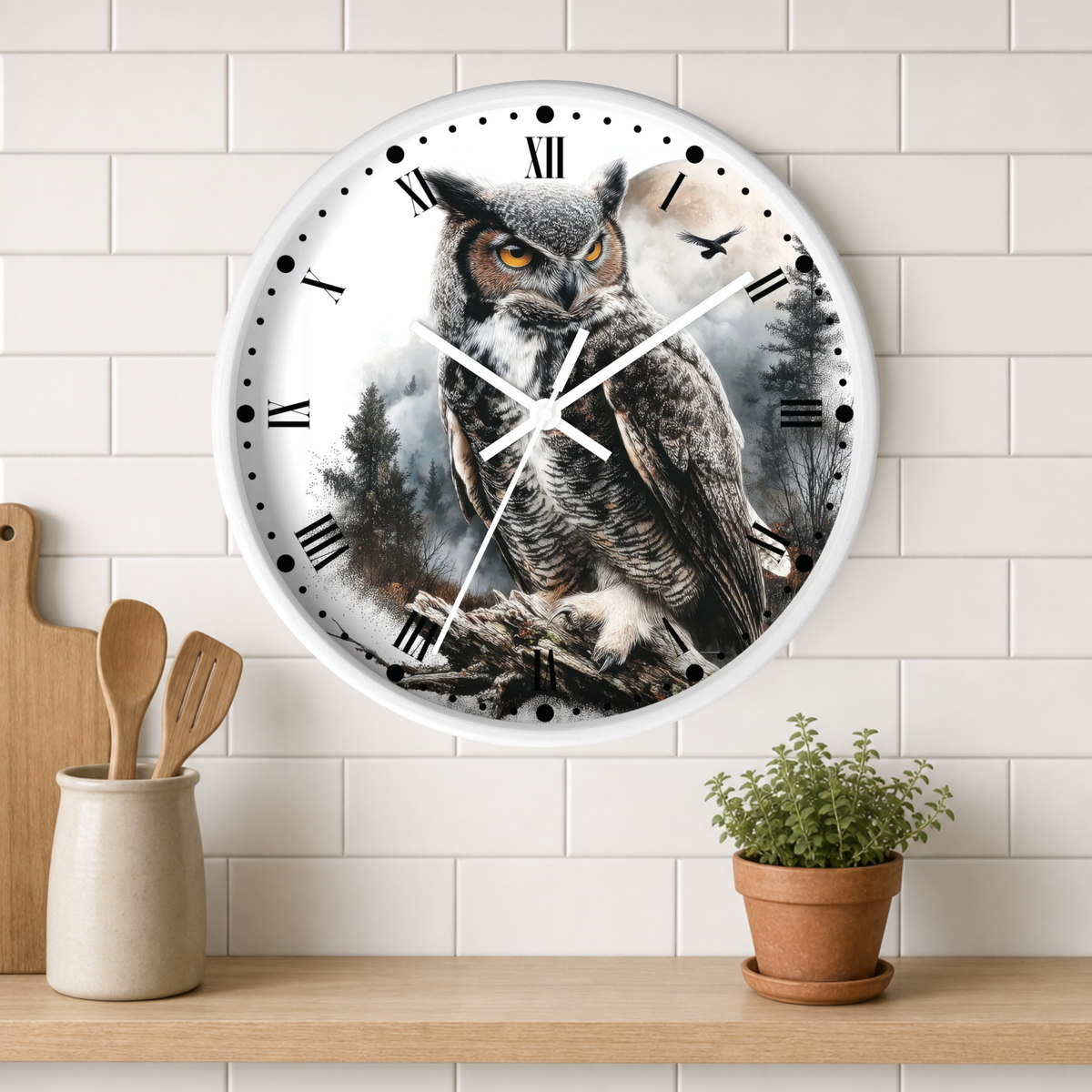 A round wall clock with a realistic owl illustration on the face, mounted on a white subway-tile wall above a wooden shelf with kitchen utensils and a small potted plant.
