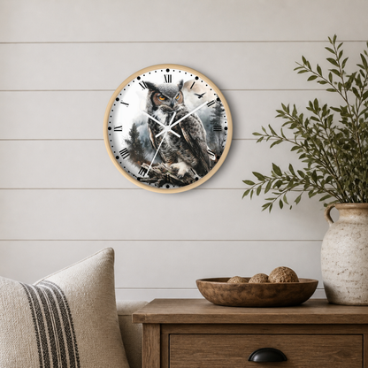 A round wall clock with a natural wood frame and a detailed owl illustration on the face, mounted on a white shiplap wall above a wooden side table with a plant and decorative bowl.