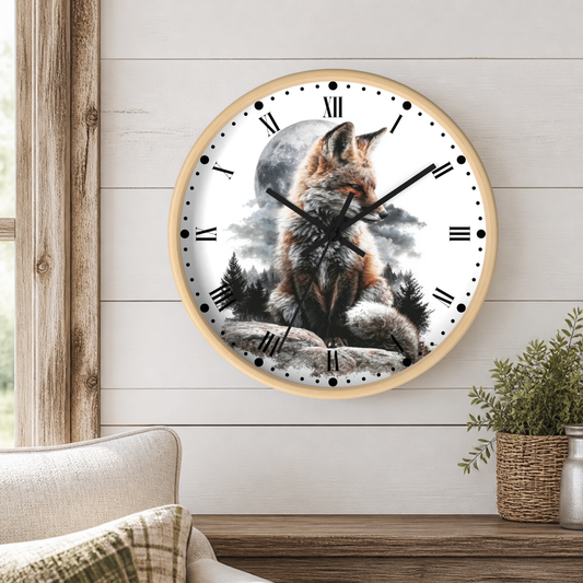 A round wall clock with a light wood frame hangs on a white shiplap wall above a wooden table. The clock face features a detailed illustration of a red fox sitting in front of a full moon and dark trees.