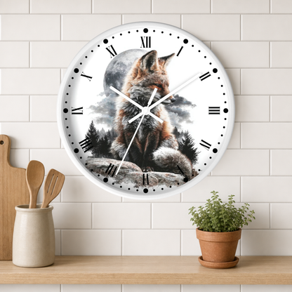 A round wall clock with a white frame and Roman numerals, featuring a detailed illustration of a fox sitting in front of a full moon and misty trees. The clock is mounted on a white subway tile wall above a wooden shelf with a small potted plant and wooden utensils.