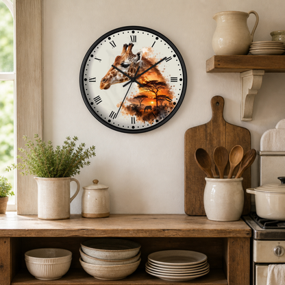 A round wall clock with a giraffe watercolor design on the face, hanging on a beige wall in a rustic kitchen setting with wooden shelves, ceramic dishes, and a cutting board.