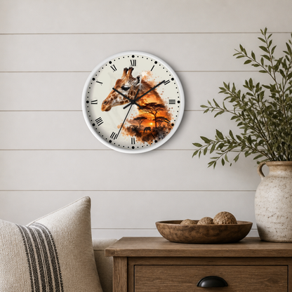 A round wall clock with a giraffe and abstract landscape design, mounted on a light wood paneled wall above a wooden side table with a plant and decorative bowl.