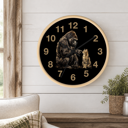 A round wall clock with a black face featuring an illustration of a gorilla and a cat, surrounded by gold-colored numerals and hands, mounted on a white shiplap wall above a wooden mantel with a small potted plant.