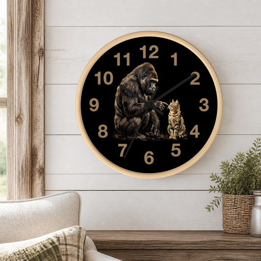 A round wall clock with a black face featuring an illustration of a gorilla and a cat, surrounded by gold-colored numerals and hands, mounted on a white shiplap wall above a wooden mantel with a small potted plant.