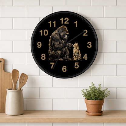 A round black wall clock with a gorilla and cat illustration on the face, mounted on a white subway tile wall above a wooden shelf with kitchen utensils and a potted plant.