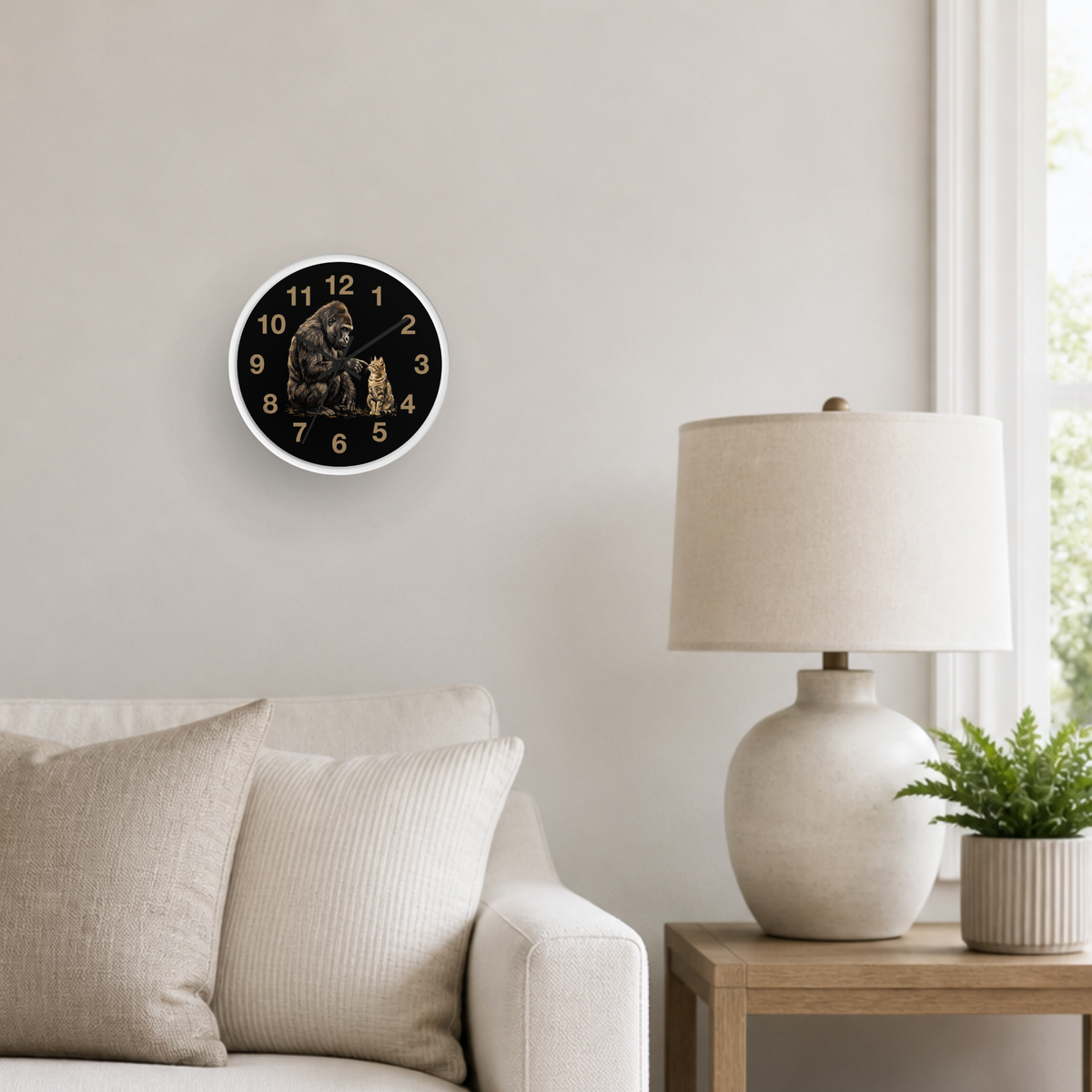 A round wall clock with a black face, gold Arabic numerals, and a gorilla illustration, mounted on a light beige wall in a living room setting next to a lamp and sofa.