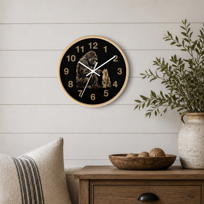 A round wall clock with a black face, natural wood frame, and an illustration of a gorilla and a cat, styled on a white shiplap wall above a wooden side table with a plant and decorative bowl.