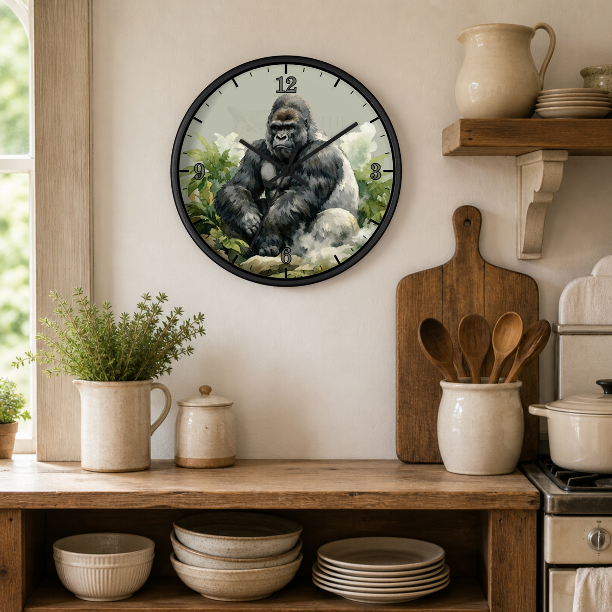 A round wall clock with a black frame hangs on a beige wall in a rustic kitchen setting. The clock face features a detailed illustration of a gorilla sitting in a lush green environment.