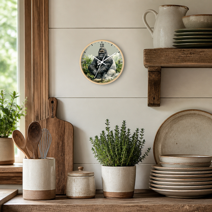 A round wall clock featuring a photographic print of a gorilla, styled on a light beige shiplap wall above a rustic wooden shelf with ceramic dishes and plants.