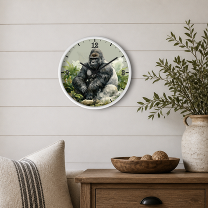 A round wall clock featuring a realistic gorilla illustration on the face, mounted on a light beige shiplap wall above a wooden side table with a vase and bowl.