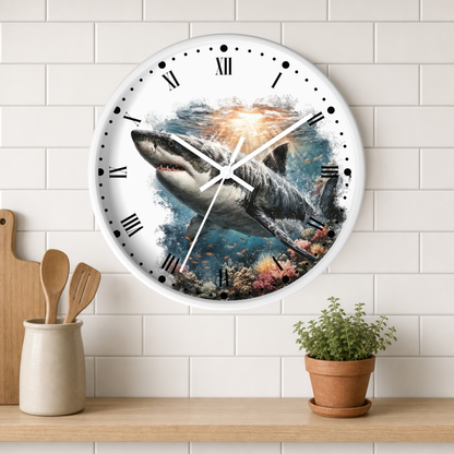 A round wall clock with a white frame and Roman numerals, featuring a detailed graphic of a shark swimming over an underwater reef scene. The clock is mounted on a white subway tile wall above a wooden shelf with a small potted plant and wooden utensils.