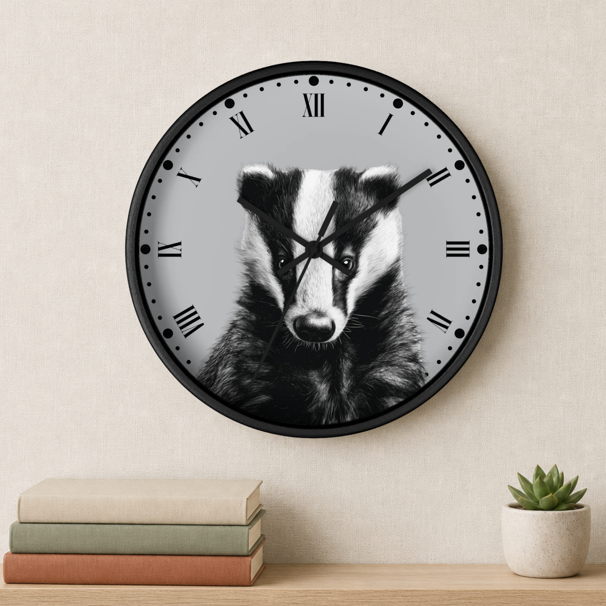 Round wall clock with a black frame and a gray face featuring a black-and-white badger illustration, mounted on a beige wall above a shelf with stacked books and a small succulent.