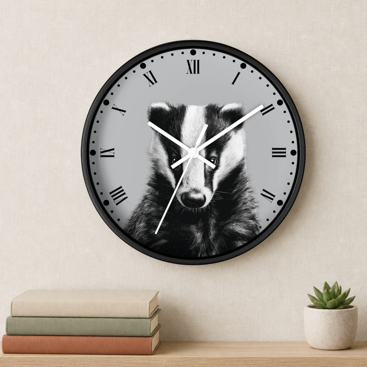 Round wall clock with a black frame and a gray face featuring a black-and-white badger portrait, mounted on a beige wall above a shelf with stacked books and a small potted succulent.