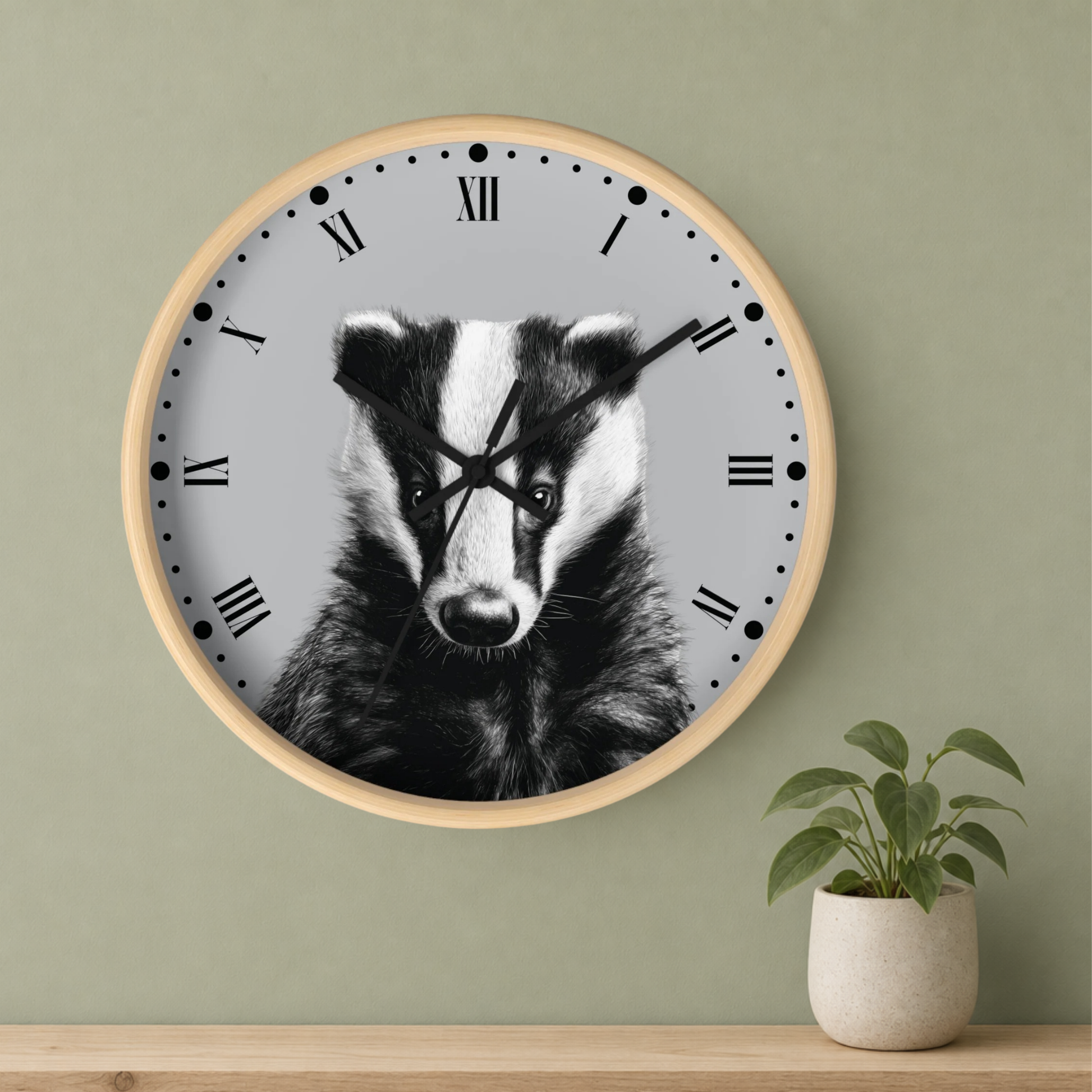 A round wall clock with a light wood frame and a gray face featuring a black-and-white badger illustration, mounted on a sage green wall above a wooden shelf with a small potted plant.