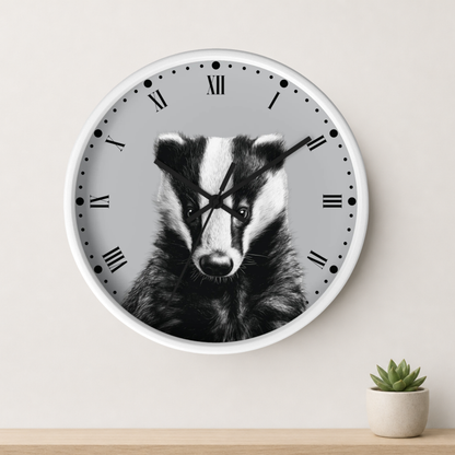 A round wall clock with a white frame and a black-and-white badger face printed on the dial, mounted on a light wall above a wooden surface with a small potted succulent.