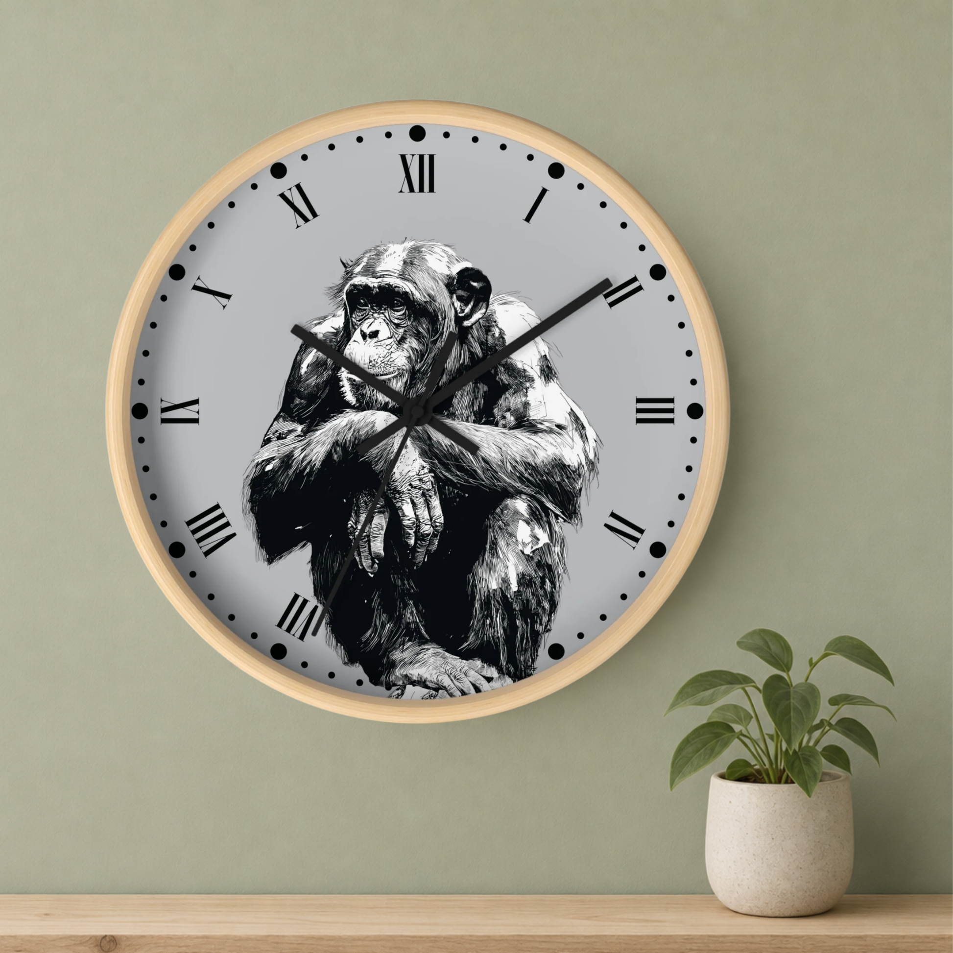 A round wall clock with a light wood frame and a black-and-white chimpanzee illustration on the face, mounted on a sage green wall above a wooden shelf with a small potted plant.