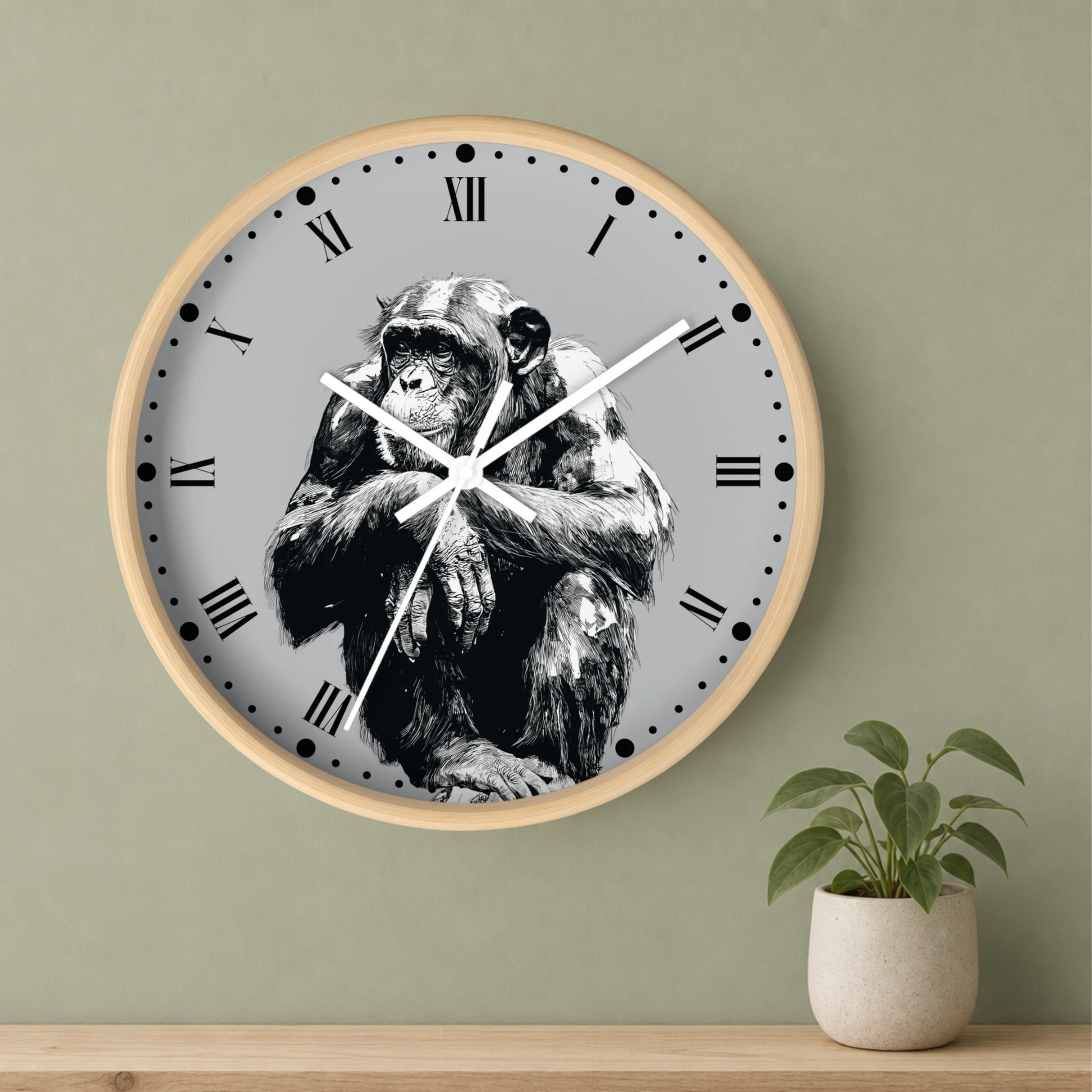 A round wall clock with a light wood frame and a gray face featuring a black-and-white illustration of a chimpanzee. The clock is mounted on a sage green wall above a wooden shelf, with a small potted plant to the right.