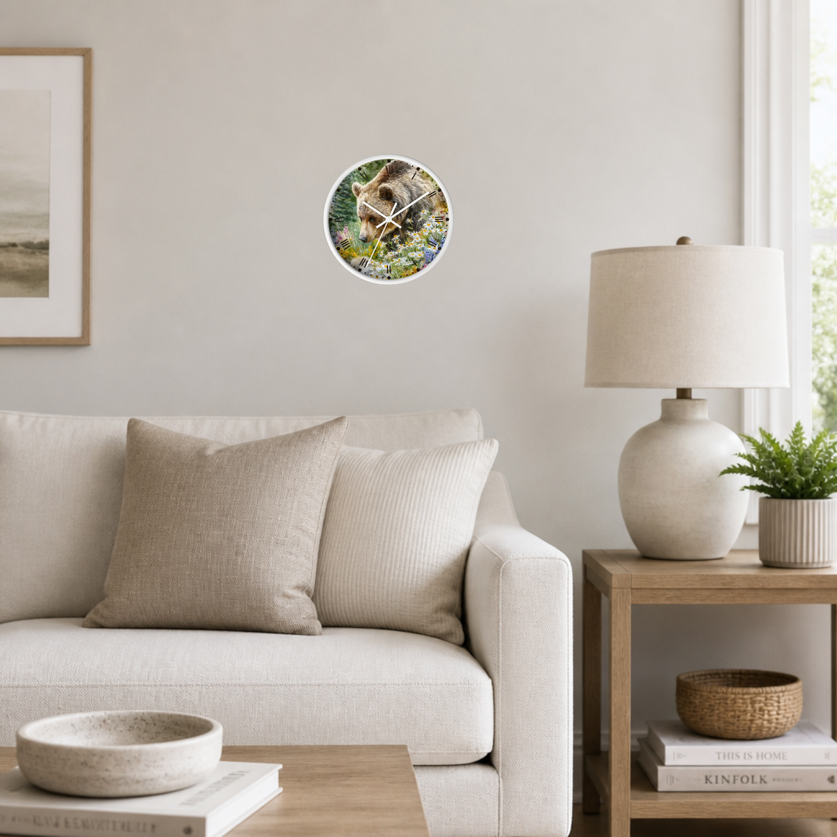 Grizzly Bear in Wildflower Meadow Wall Clock — Rustic Nature Animal Decor