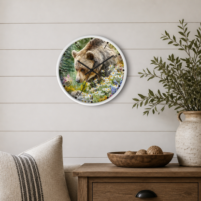 Round wall clock with a white frame featuring a bear and wildflower print, styled on a light wood paneled wall above a wooden side table with a plant and decorative bowl.