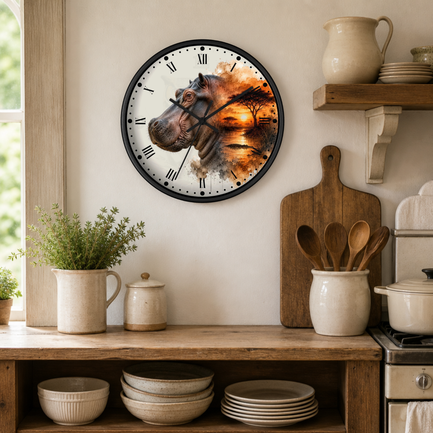 A round wall clock with a black frame hangs on a beige kitchen wall above a wooden shelf. The clock face features a detailed illustration of a hippo head in warm brown, orange, and gold tones against a white background with black Roman numerals.