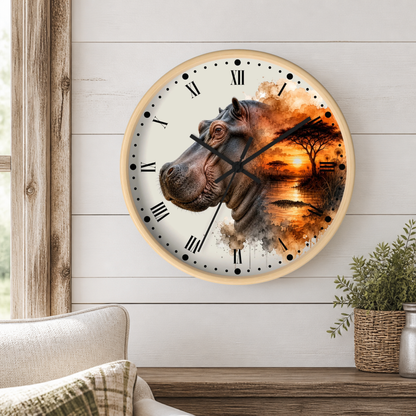 A round wall clock with a light wood frame hangs on a white shiplap wall above a wooden table. The clock face features a detailed illustration of a hippopotamus blending into an African savanna landscape at sunset.