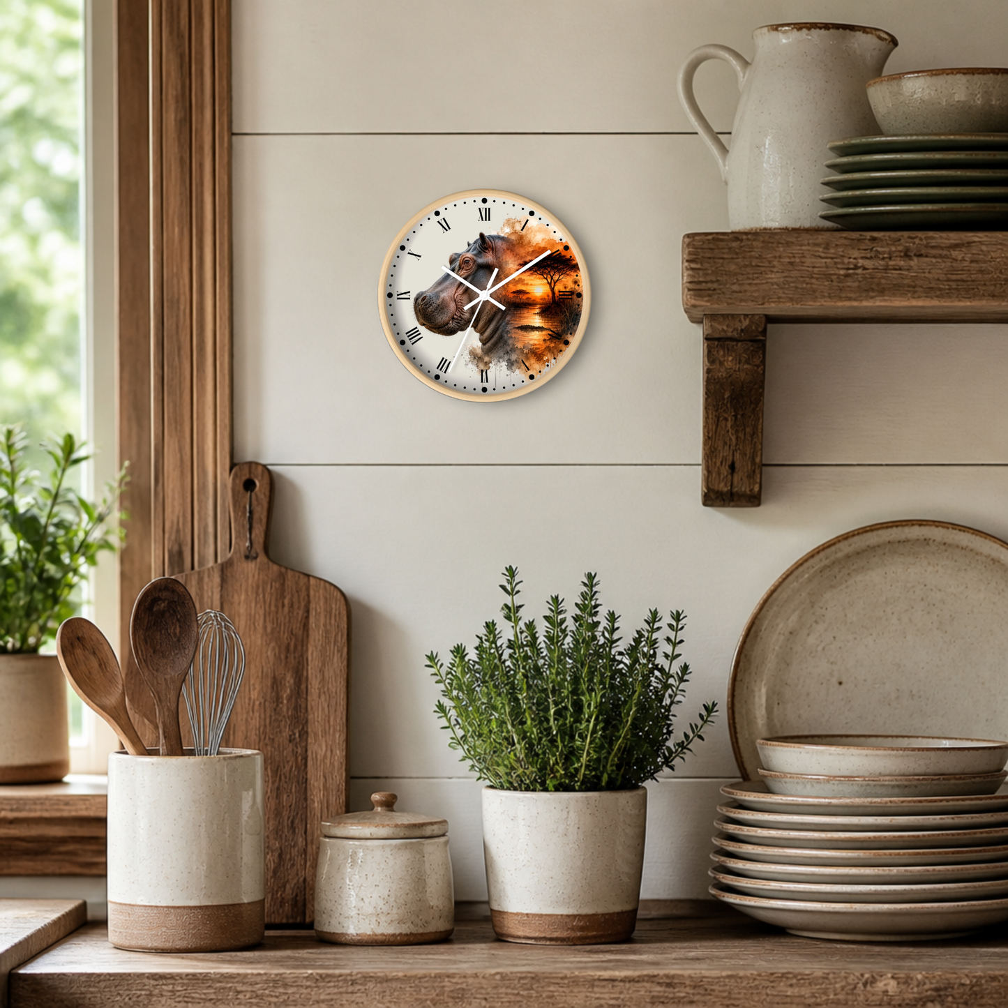 A round wall clock with a rustic wood frame hangs on a white shiplap wall in a styled kitchen setting. The clock face features a detailed photo of a hippo's face with warm orange and yellow highlights.