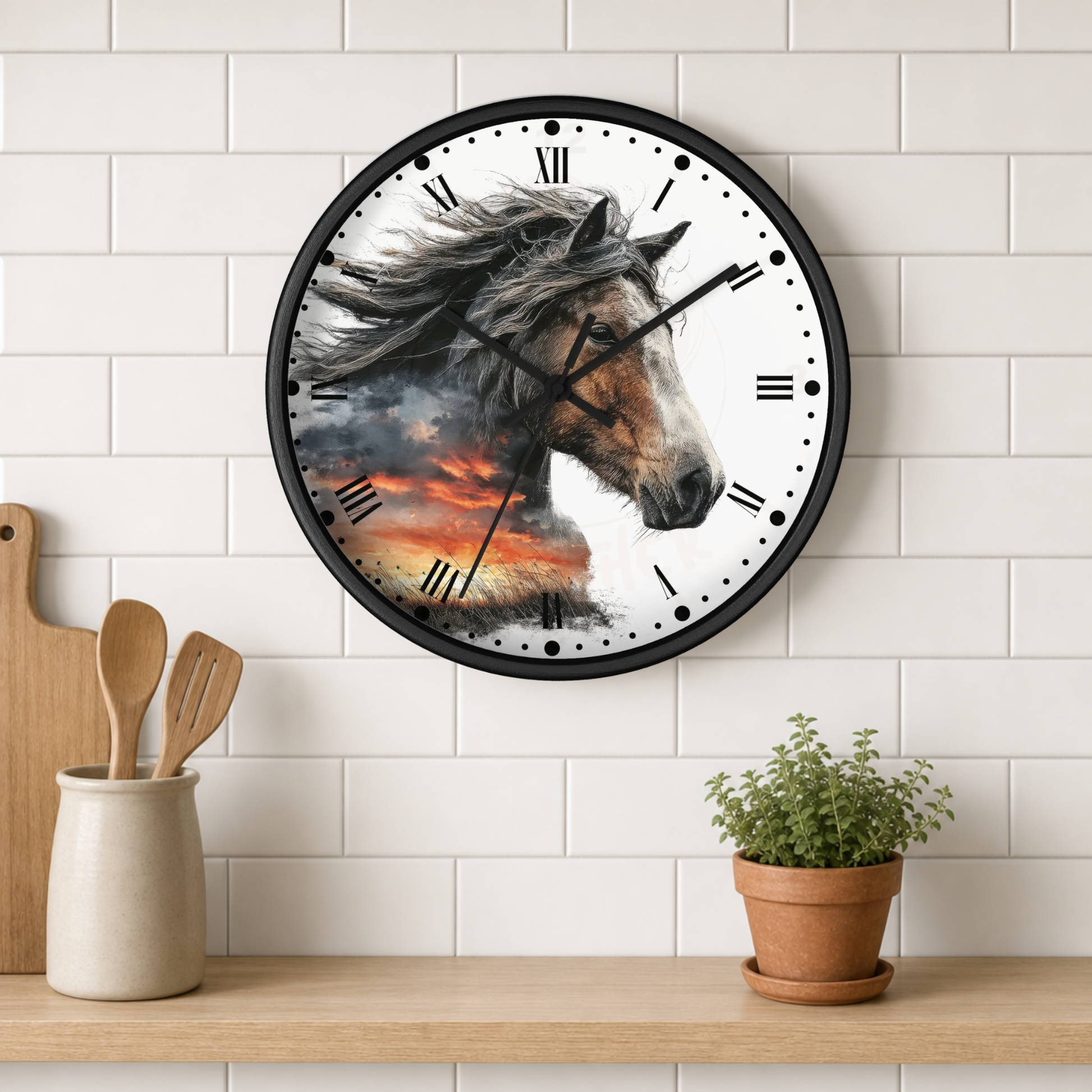 A round wall clock with a black frame hangs on a white subway-tile wall above a wooden shelf. The clock face features a detailed illustration of a horse's head over a dramatic orange and gray sunset, with black Roman numerals as hour markers.