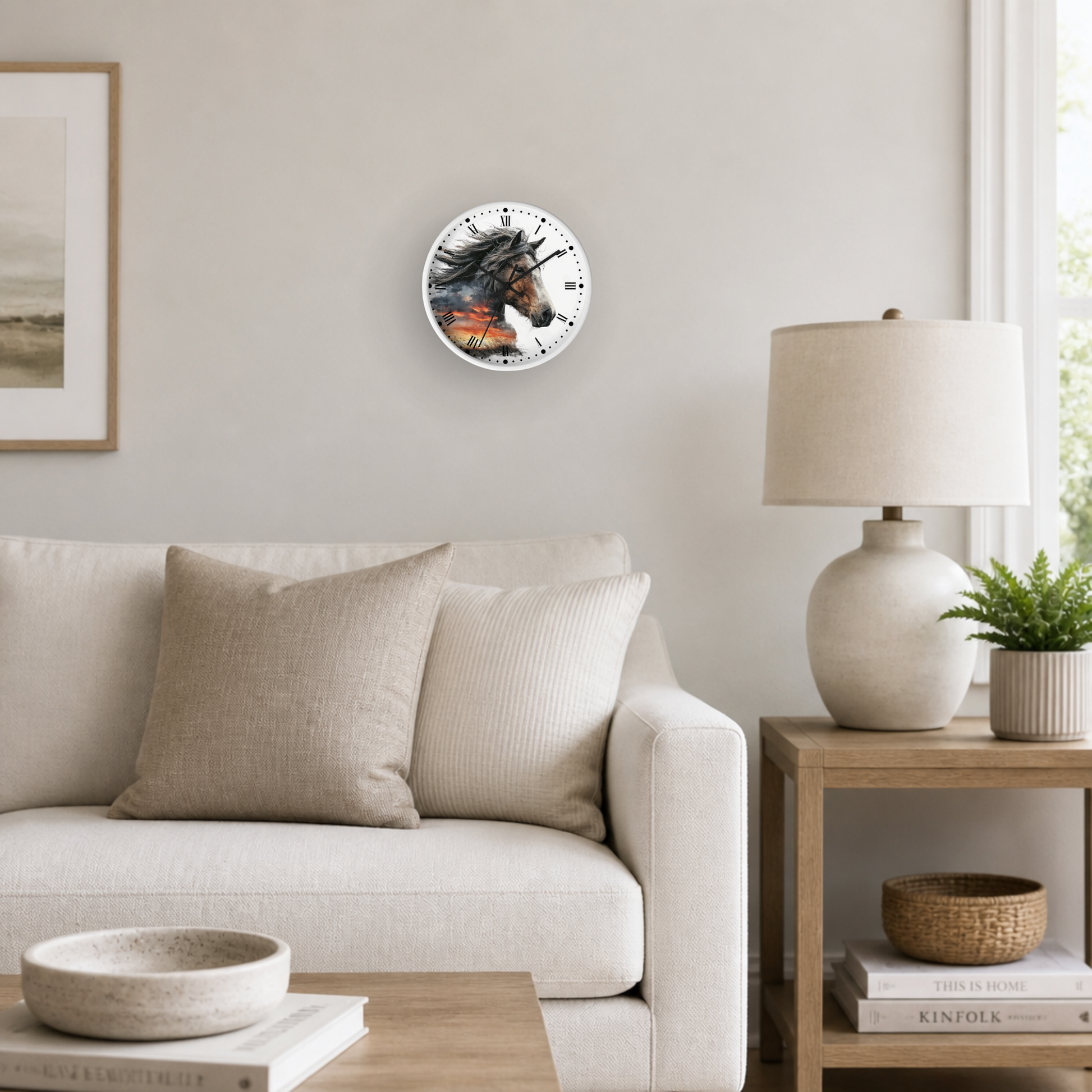 A round wall clock featuring a detailed illustration of a black horse with a glowing flame in its mouth, mounted on a light beige wall in a modern living room setting.