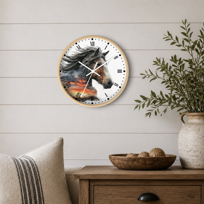 Round wall clock with a light wood frame and a printed horse portrait on the face, mounted on a white shiplap wall above a wooden side table with a plant and bowl.