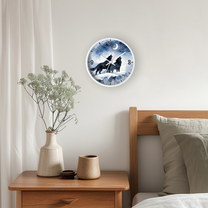 A round wall clock with a blue-toned wolf illustration hanging above a wooden bedside table in a softly lit bedroom. The scene includes a vase with dried stems, pillows, and a wood headboard.