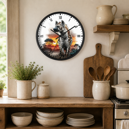 A round wall clock with a hyena illustration over an African savanna sunset, mounted on a beige wall in a rustic kitchen setting with wooden shelves, ceramic dishes, and plants.