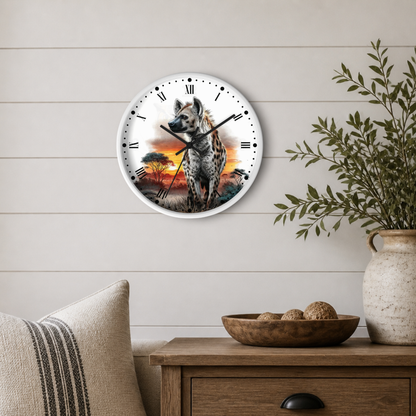 A round wall clock with a white frame hangs on a light wood paneled wall above a wooden side table. The clock face features a detailed illustration of a spotted hyena standing in a savanna landscape at sunset.