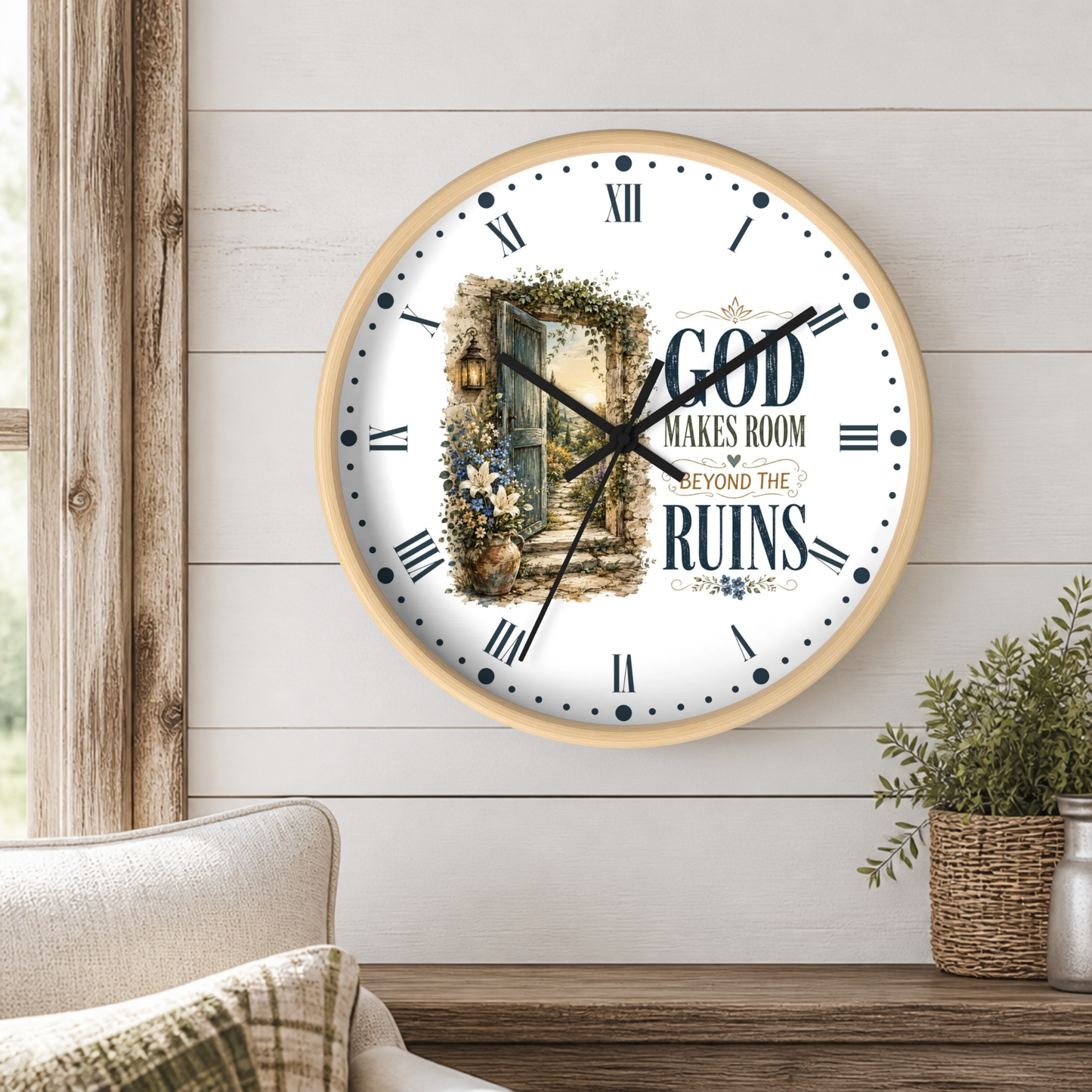 Inspirational Wall Clock — “God Makes Room Beyond the Ruins” Rustic Faith Home Decor