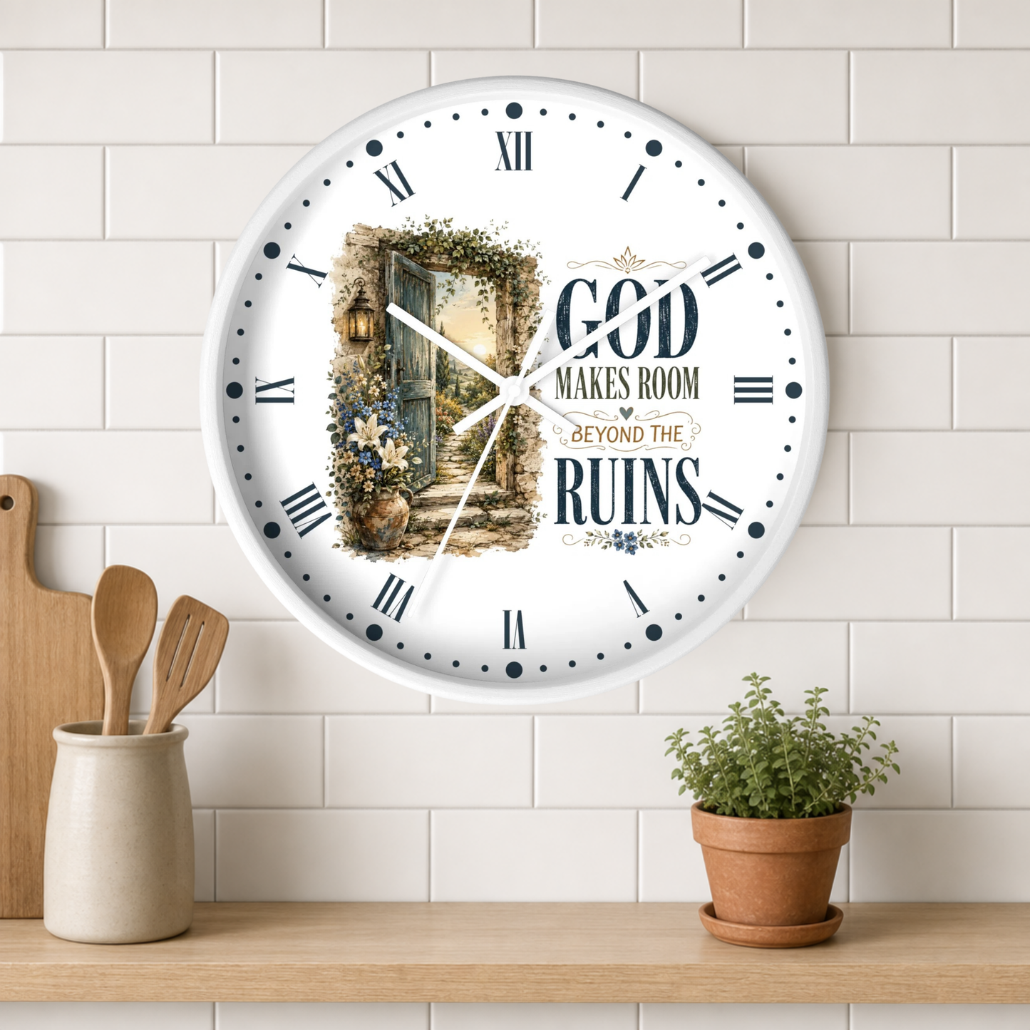 Inspirational Wall Clock — “God Makes Room Beyond the Ruins” Rustic Faith Home Decor