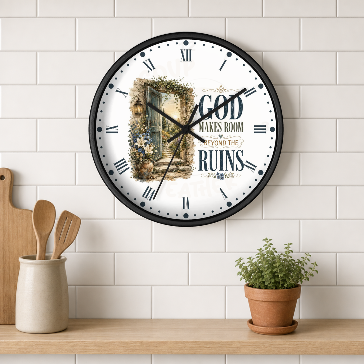 Inspirational Wall Clock — “God Makes Room Beyond the Ruins” Rustic Faith Home Decor